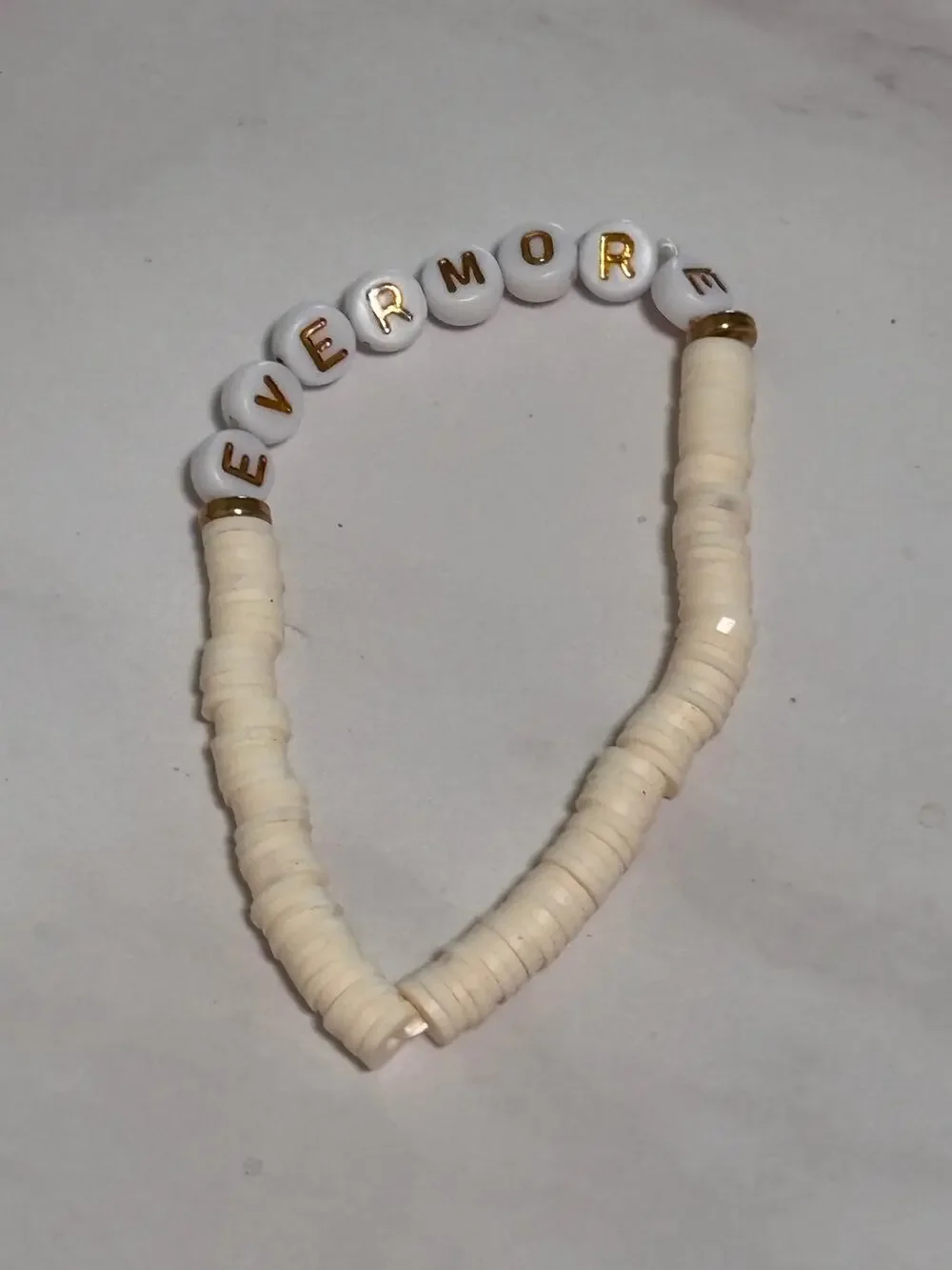 Evermore White Creame Heishi Word Bracelet 7 Inch Clay Gold White Letter Beads